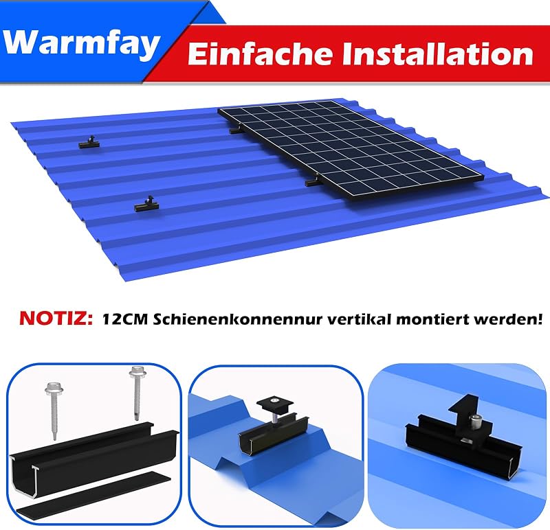 Set de montaj pentru panouri solare Warmfay, profil din aluminiu negru de 12 cm cu consolă reglabilă pentru 4 panouri solare, pentru acoperiș plat și tablă trapezoidală, 30-35 mm