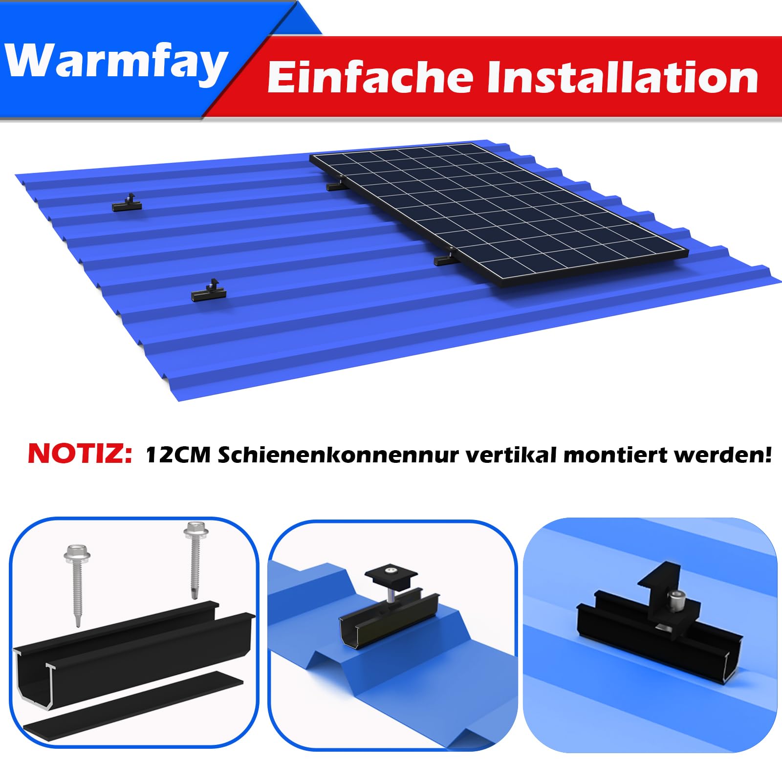 Warmfay Kit di montaggio per modulo solare, profilo in alluminio nero da 12 cm e staffe regolabili, fissaggio per pannello solare, supporto per pannello solare, 4 moduli da 30 a 35 mm per tetto