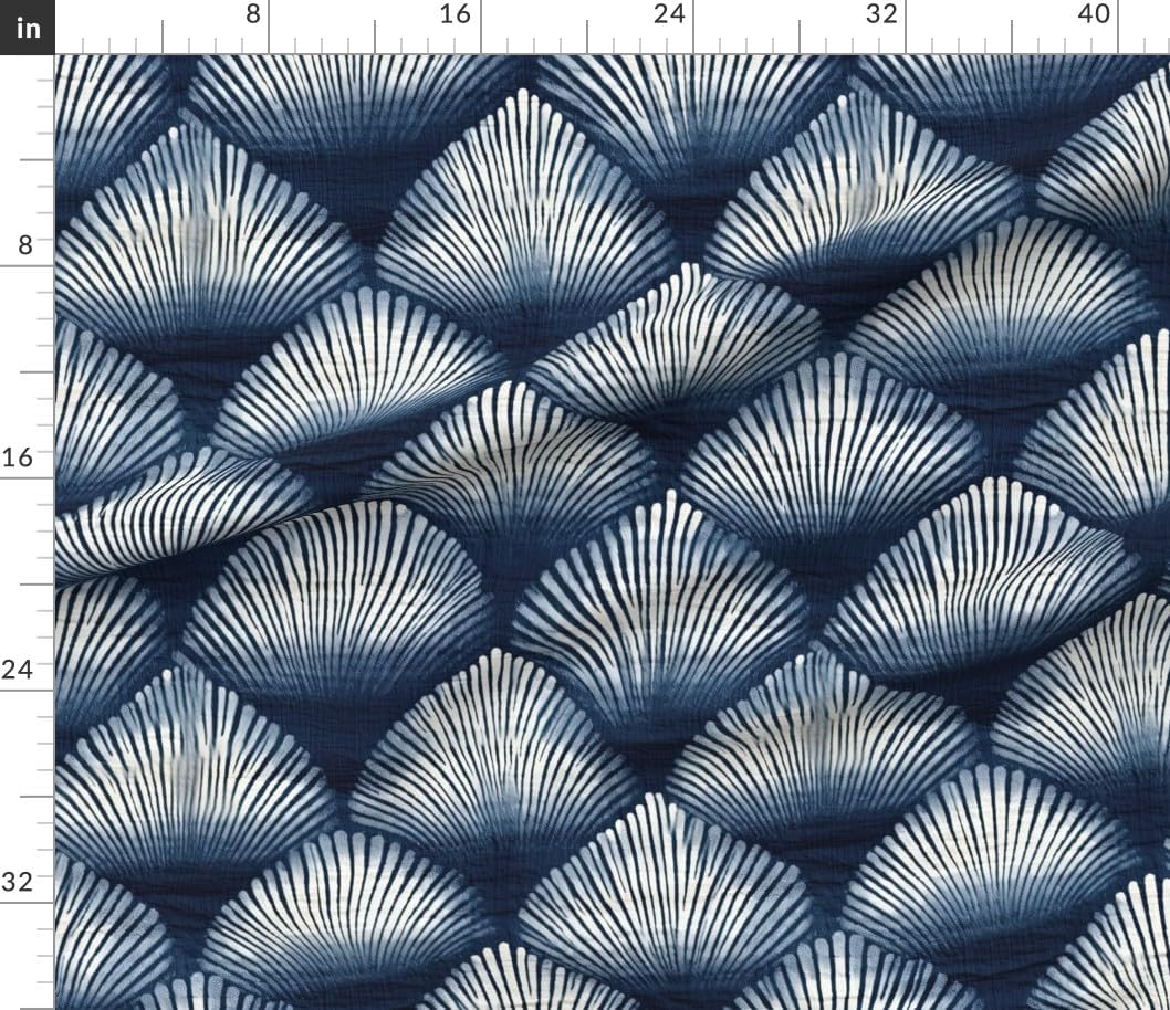 Spoonflower Fabric - Indigo Shells Coastal White Blue Modern Abstract Art Deco Petals Printed on Petal Cotton Fabric Fat Quarter - Sewing Quilting Apparel Crafts Decor