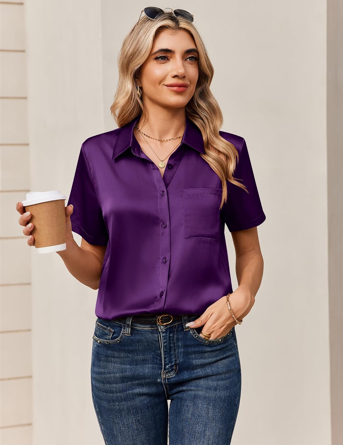 Zeagoo Satin Blouses for Women Silk Button Down Shirts Short Sleeve Business Casual Tops - Image 5