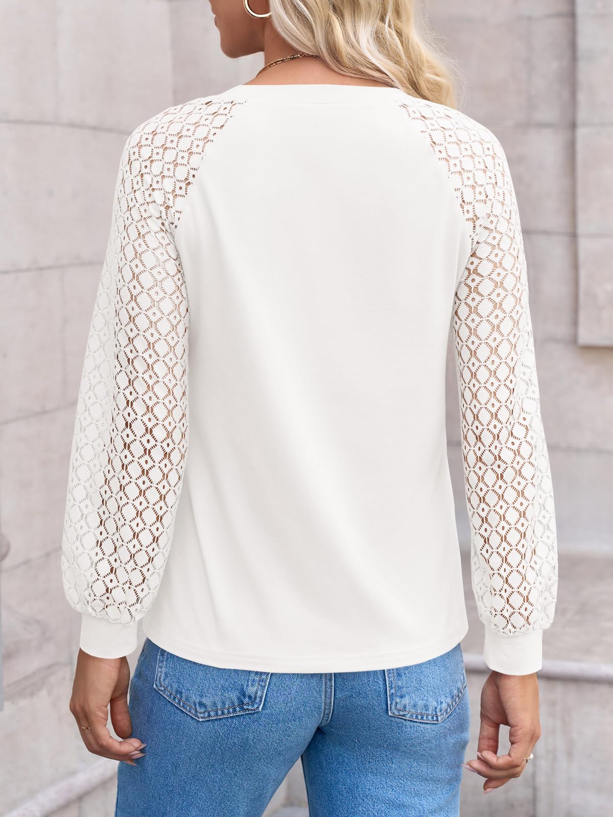 Tankaneo Womens Lace Puff Long Sleeve Tunic Tops Hollow Out Casual Dressy Work Blouse Loose Fit Crew Neck Seam Shirts