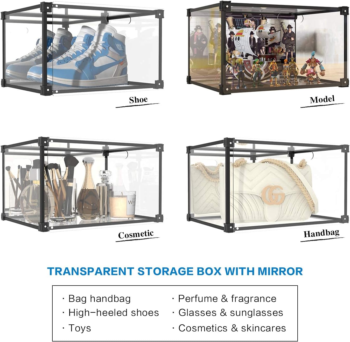 SOGOBOX Acrylic Display Case with Mirror,Acrylic Boxes with Magnetic Door,Simple Self-Assembly Dustproof Showcase for Figures Collectibles,Toys,Shoes,Handbag 13.8" x 10.6" x 8"