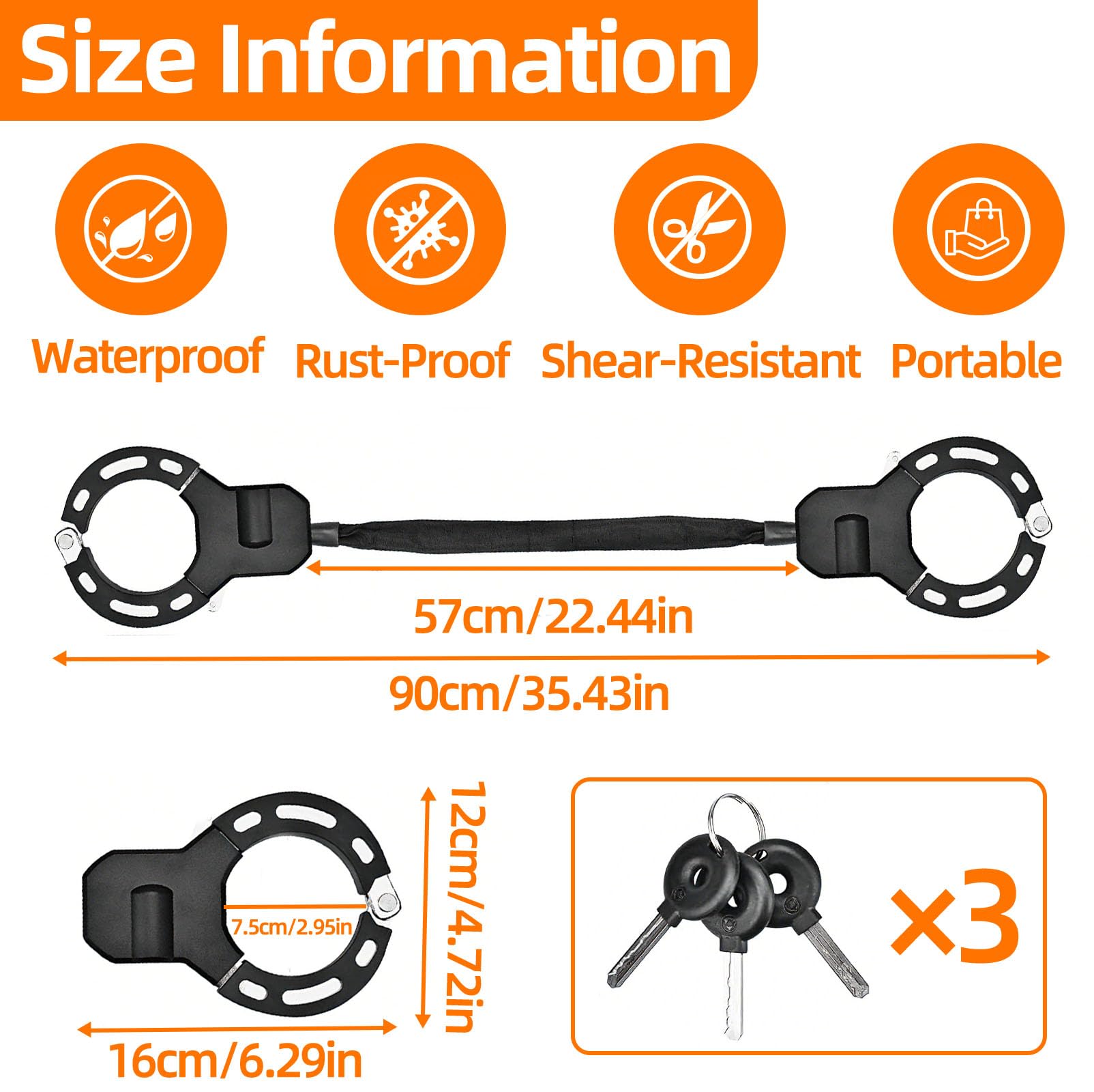 Candado Patinete Electrico con 3 Llaves, Bloqueo Antirrobo Eléctricas 90cm, Cadena Esposas Resistente Grosor 8mm, Accesorios Bici Seguridad para Scooters, Bicicletas & Moto