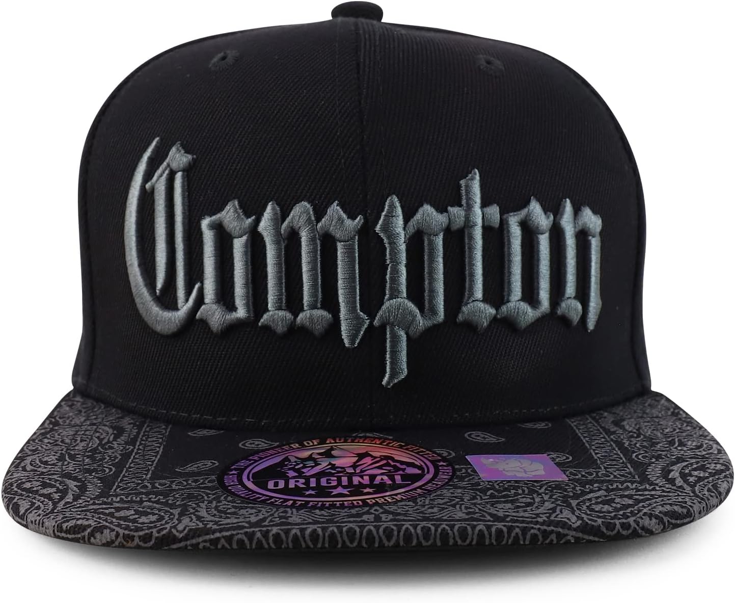 Trendy Apparel Shop Compton Old English Font Embroidered Bandana Flatbill Cap - Image 2