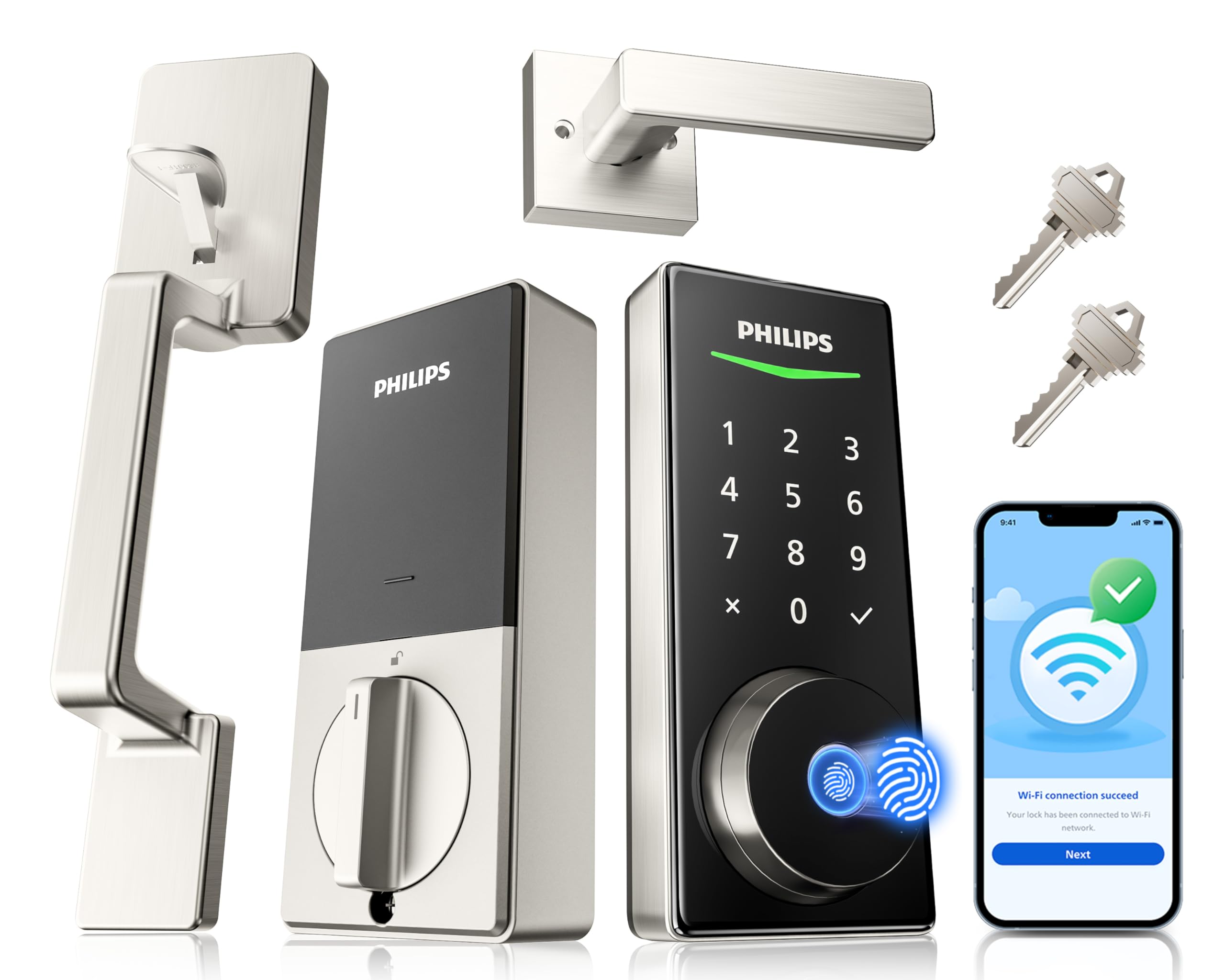 Photo 1 of Philips WiFi Smart Lock with Front Door Handle Set, Built-in WiFi, APP Remote & Voice Control, Fingerprint Keyless Entry Door Lock, Keypad Deadbolt Smart Locks for Front Door, Auto-Lock, Satin Nickel
