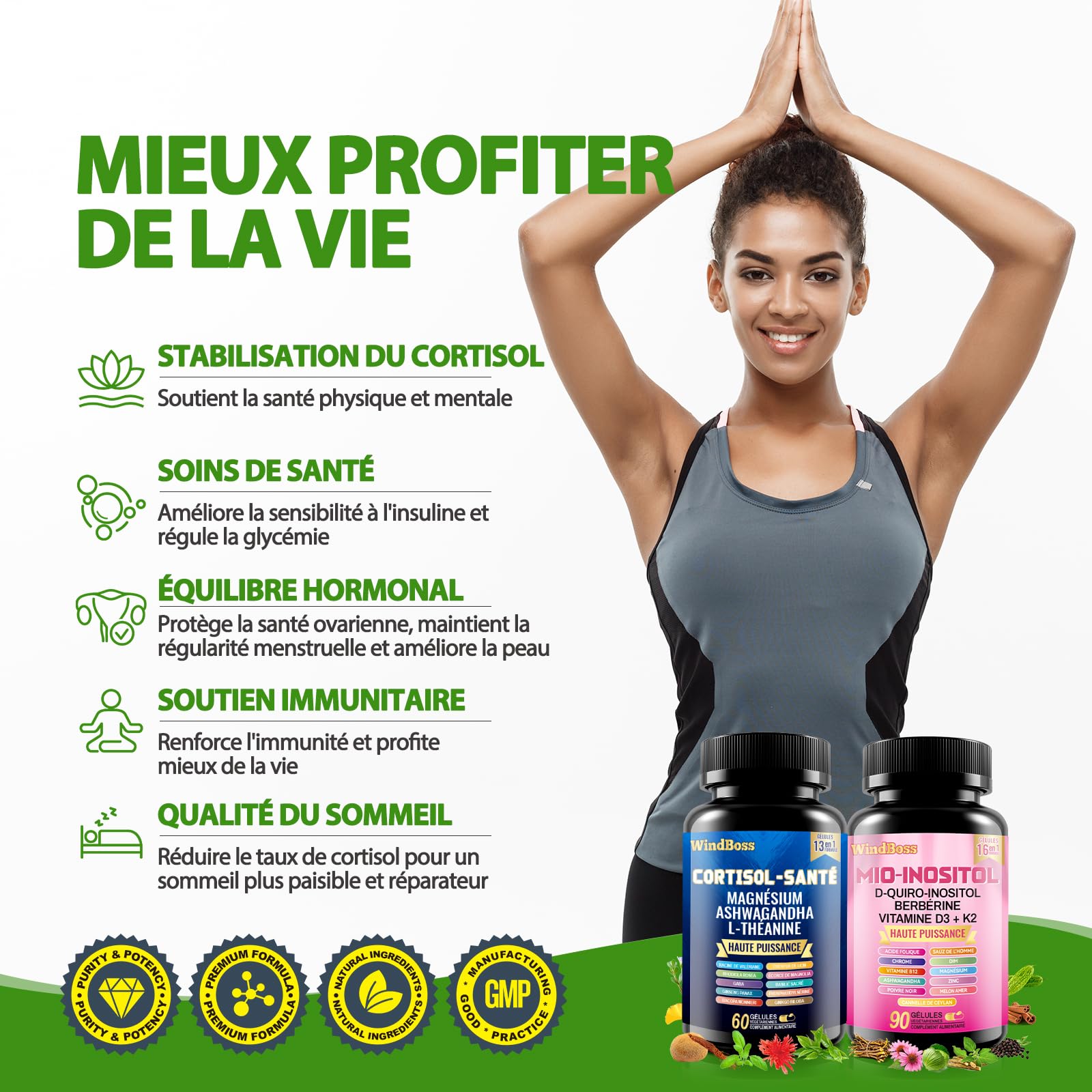WindBoss 60 + 90 capsules Ensemble de capsules Myo-inositol et de cortisol, naturel, sans additifs et végétalien