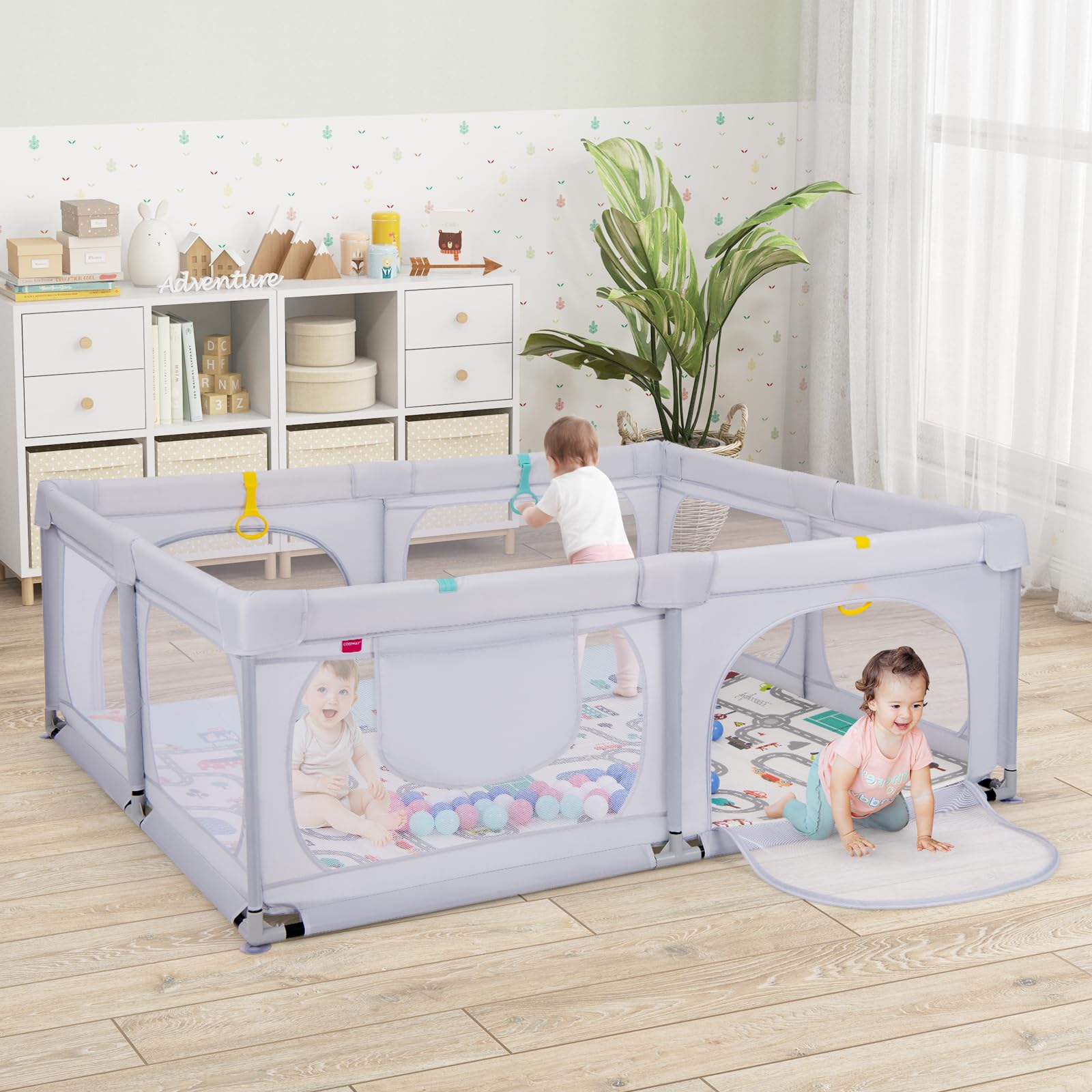 COSTWAY Box per Bambini con Materassino, Recinto per Bambini con 4 Anelli e 50 Palline Colorate, Rete Traspirante, Tasca e Borsa, Box Giochi per Bambino 0-3 Anni (Grigio Chiaro, 189 x 158 cm)