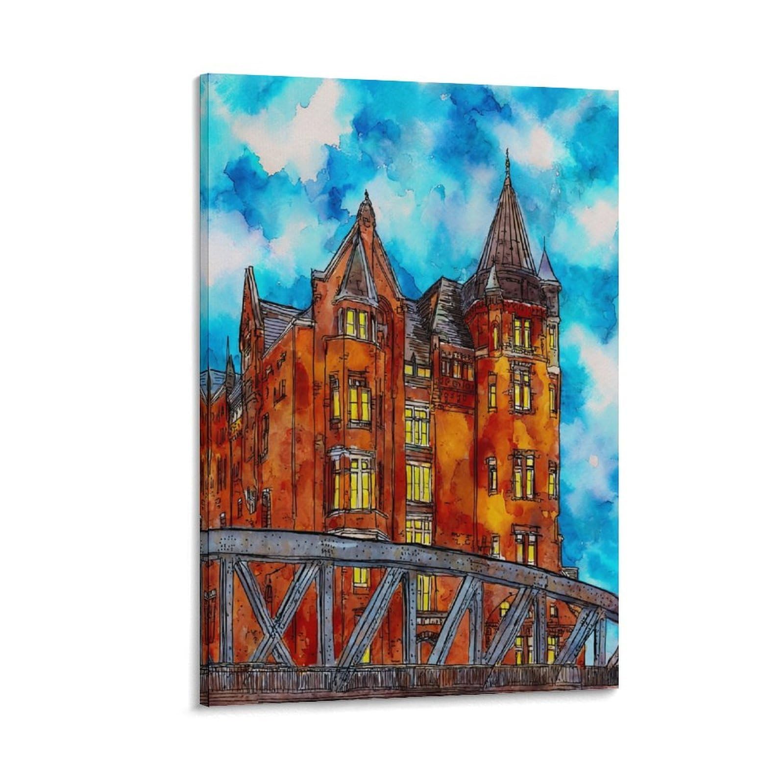 Cnaheiz Frame-Style Hamburg Germany 24X36inch(60X90cm) Vintage Travel Poster Watercolor Canvas Art