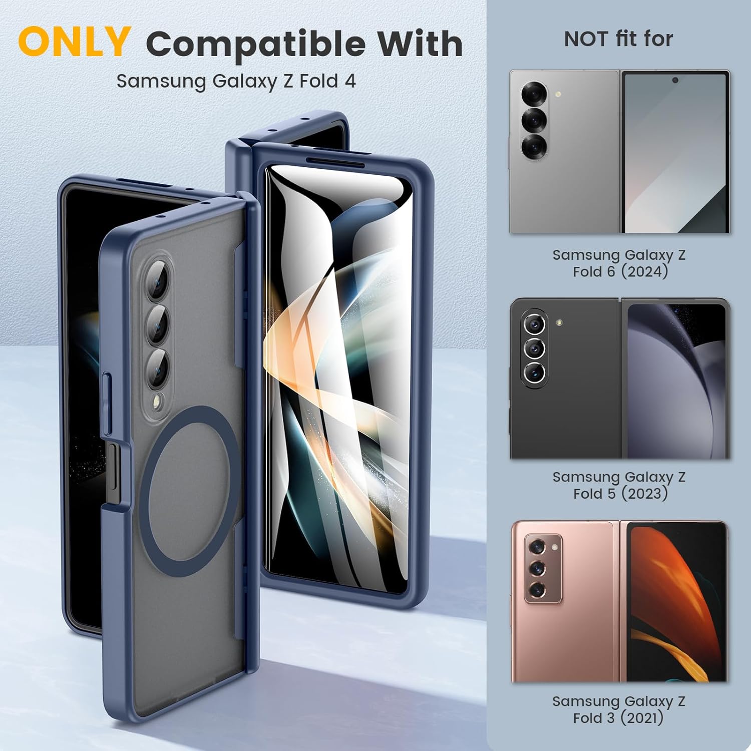 Caka for Samsung Galaxy Z Fold 4 Case [Compatible with Magsafe] [Hinge Protection] [Built-in HD Screen Protector] Translucent Hard Shockproof Magnet Phone Cover for Fold4 - Blue