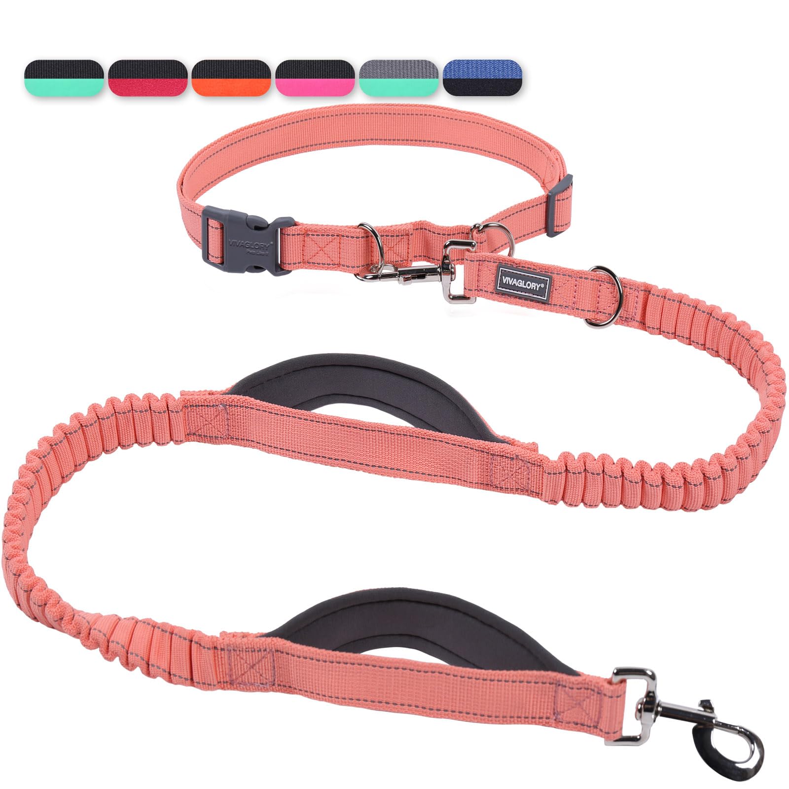 VIVAGLORY Hands Free Dog Leash Bungeetwin Running Dog Leash with Waist Belt for Running Walking & Jogging, Bungee & Around Waist for Pet, S, Pink/Grey