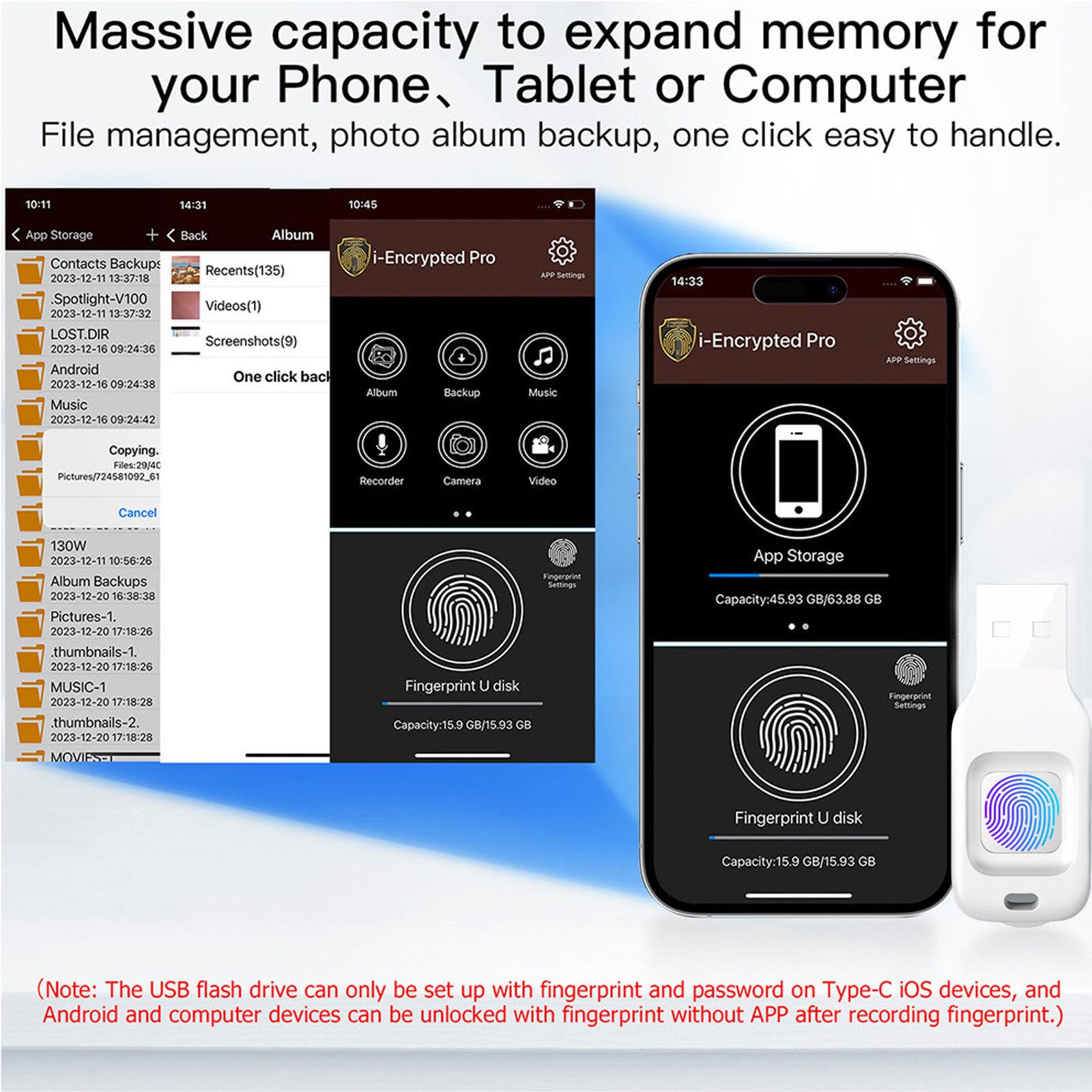 Chiavetta USB Type-C con crittografia delle Impronte digitali, chiavetta USB protetta da Password, 10 ID di Impronte digitali consentiti, chiavette USB 64GB