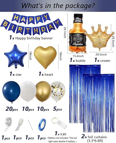 Miniatura 3 de Decoraciones de cumpleaños azul marino para hombres con pancarta de feliz cumpleaños, cortinas, botella, corona, globos de estrella de corazón y luz