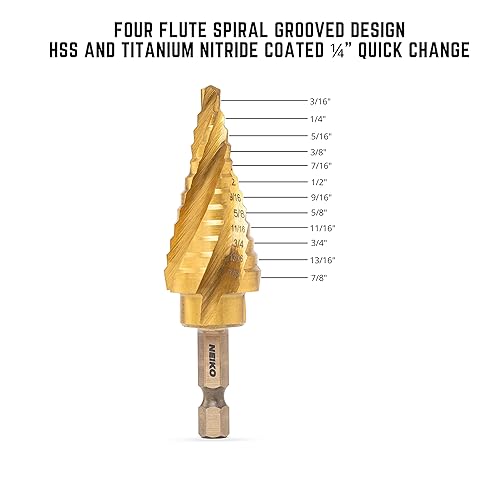 Miniatura 2 de NEIKO, 10180A - Broca escalonada de acero de alta velocidad y revestimiento de nitruro para metal, broca de cambio rápido con diseño ranurado de 4