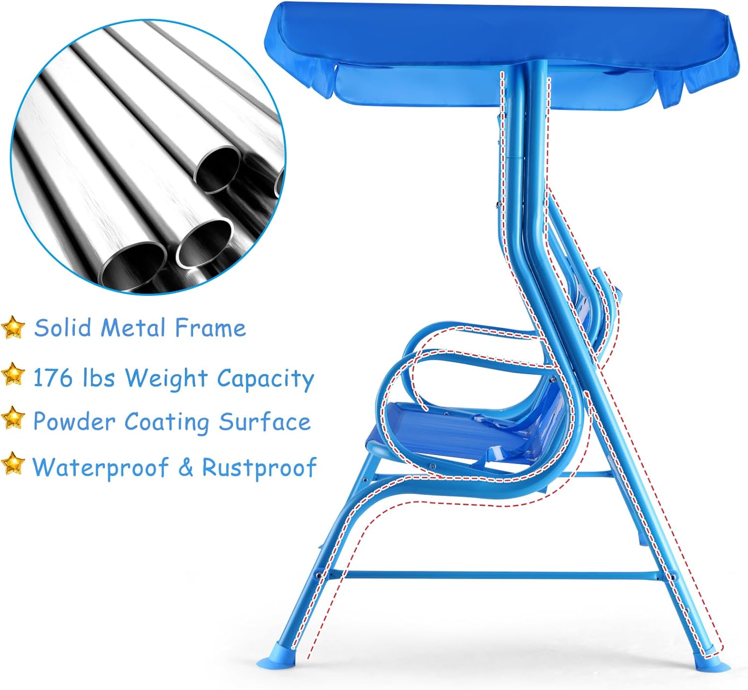 GLACER Porch Swing, Kids Patio Hammock w/Adjustable Canopy & Stand, Safety Belt, 2 Seats Outdoor Swing Bench, Metal Frame Hanging Lounge Chair, Swing Sets for Backyard, Garden, Poolside (Blue Puppy)