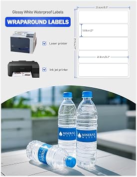 8.2"2" 100Pcs Water Bottle Label Glossy White Customizable Waterproof Labels Printable Blank Wraparound Rectangle Labels for Laser and Pigment-Inkjet Printers