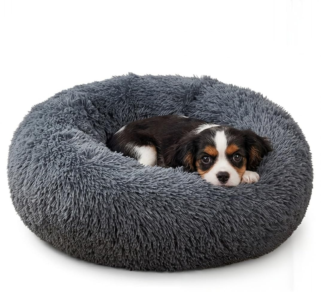 AL TAJAR Donut Dog Bed Large Dark Grey Calming Anti-Anxiety Round Plush Pet Bed for Dogs, Puppies & Cats Washable Soft Fluffy Cuddler with Non-Slip Base,60 cm (Dark Grey Donut Bed)