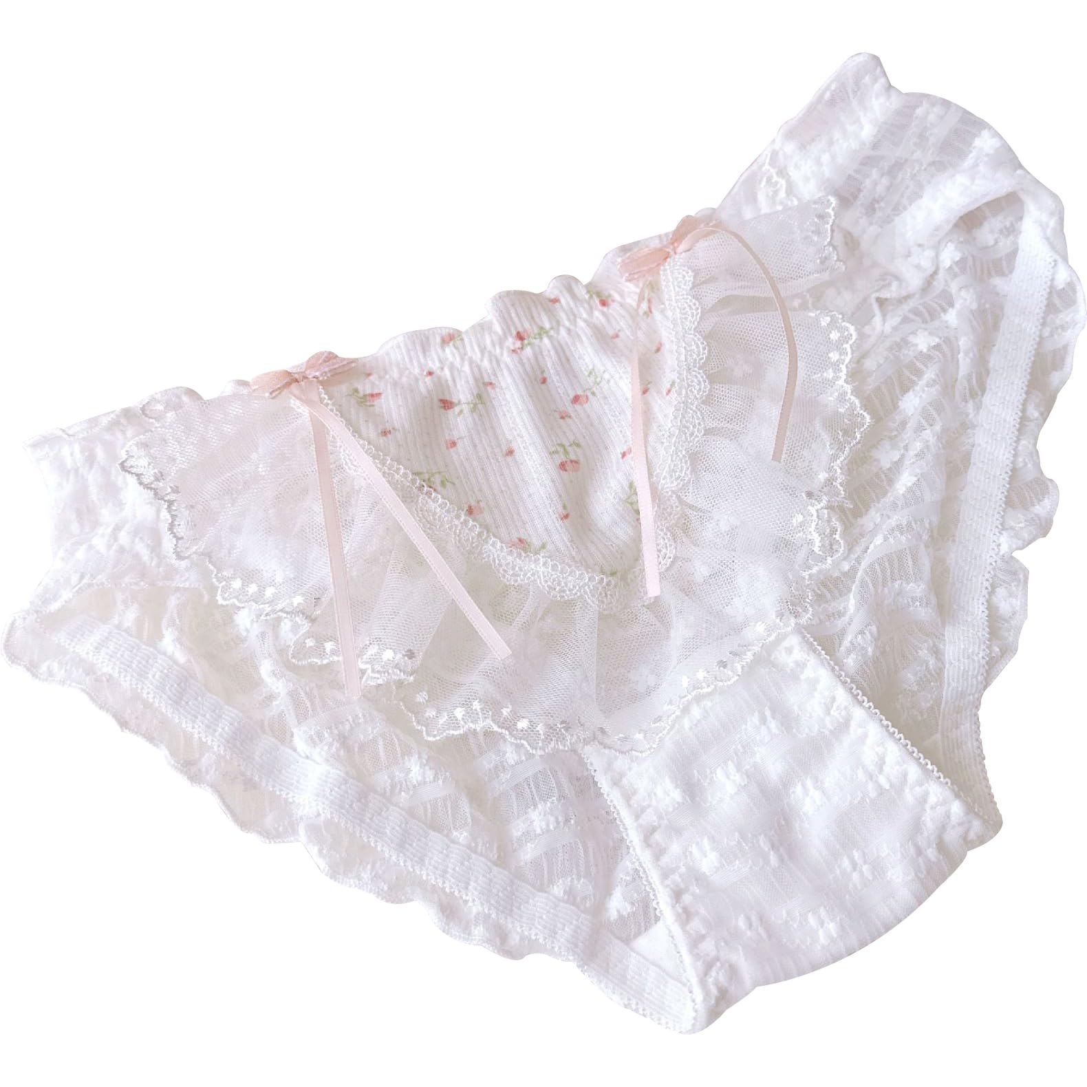 [EasyTalk] 可愛いショーツ ロリータ レース フリル パンツ, 花柄プリント, リボン付き, 女性用 ランジェリー, キュート スタイル レディース 下着 高校生 パンティー セクシー 冷感 少女柔らかい 透気快適,LL,XB632-P