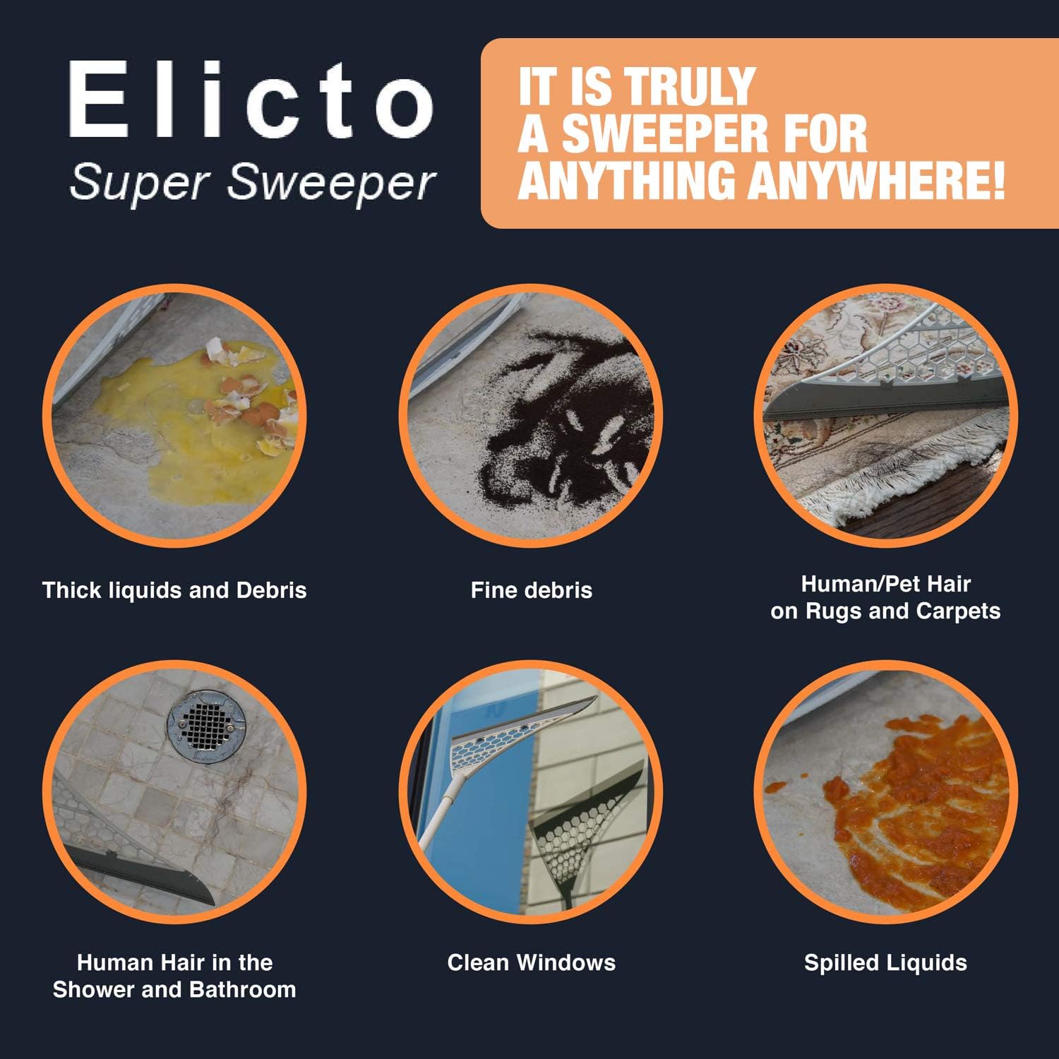 Elicto Multipurpose 5-in-1 Sweeper – Lightweight Carpet Sweeper, Squeegee, Broom, Hair Collector & Floor Cleaner – Manual Silent Non Electric Sweepers for Kitchen, Windows, & Hardwood (37 Inches) : Health & Household