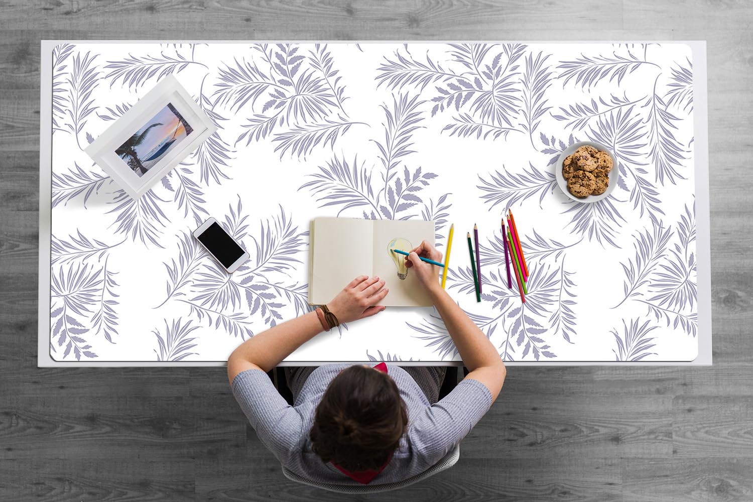 Sottomano da Scrivania 120x60 cm per Ufficio e Casa Impermeabile Protezione e Decorazione Superficie Protettiva Antiscivolo Facile da Pulire in Vinile PVC - Foglie grigie