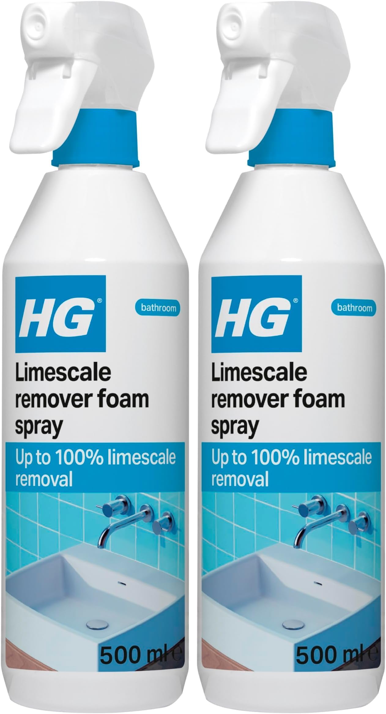 HG Limescale Remover Foam Spray, Professional Grade Limescale Remover, Bathroom Descaler, Removes Stains & Deposits from Shower Heads, Taps, Baths & Screens (500ml) - 218050106 (Pack of 2)