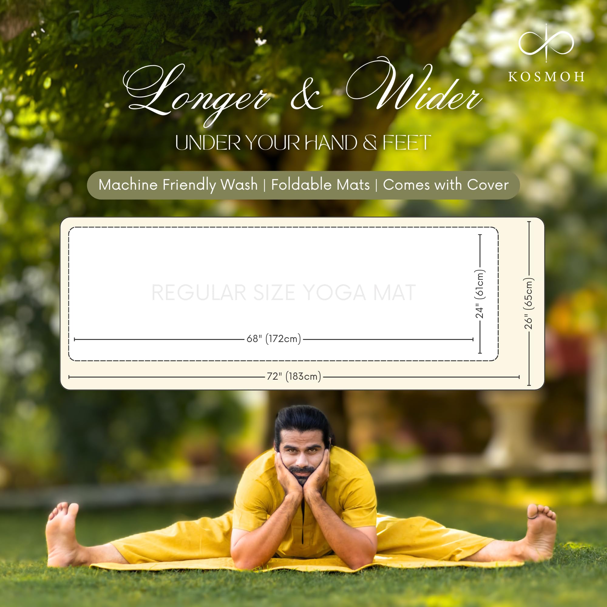 Tappetino da Yoga in Cotone Organico al 100% - Tappetino da Yoga Pieghevole Antiscivolo con Telaio a Mano Accessorio per Il Fitness Tappeto da Meditazione 72"x26" per Uso Interno ed Esterno