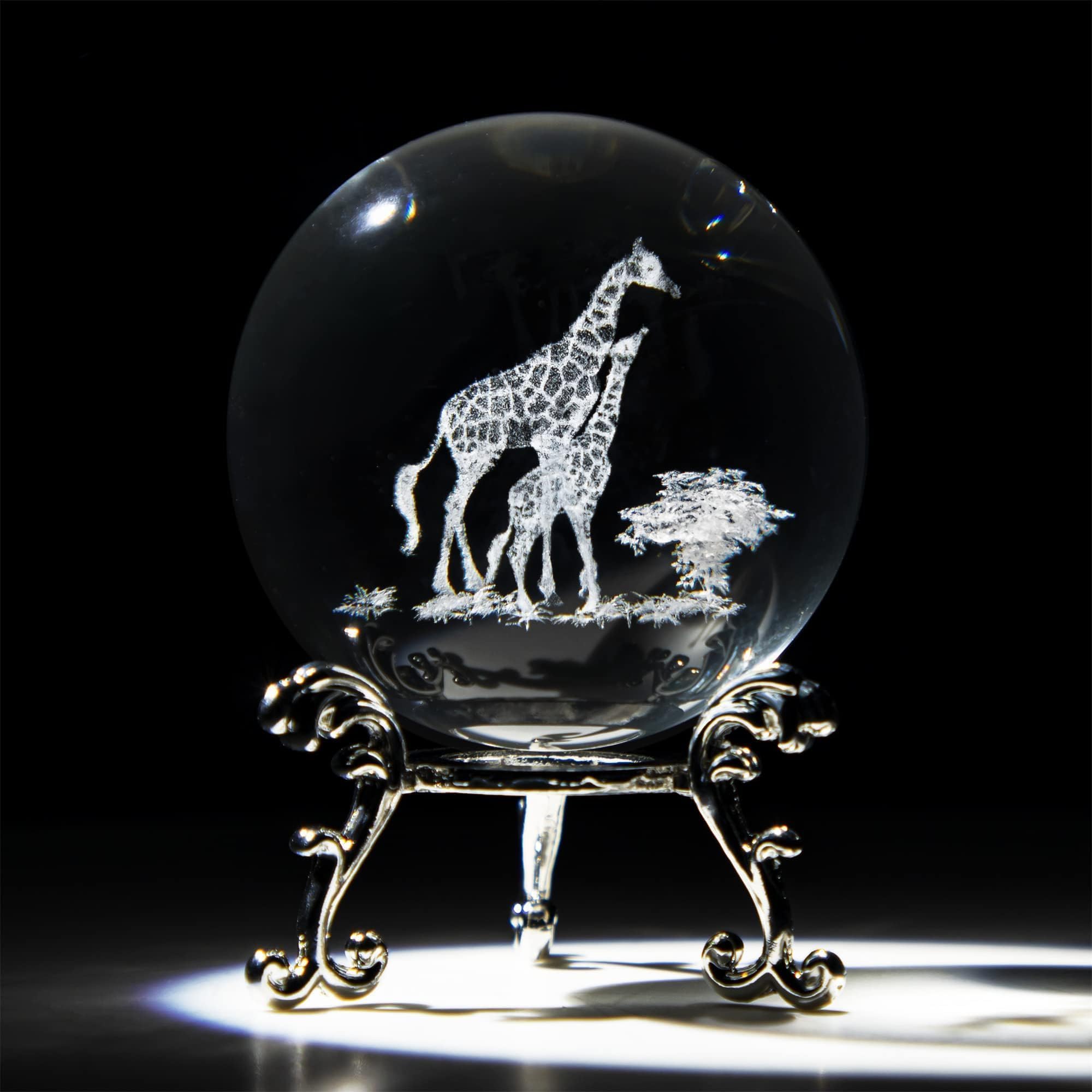 60mm 3D Laser Engraved Mom and Baby Giraffes Crystal Ball Paperweight | Art Glass Animals Figurine Collectibles,Glass Decorative Ball,Full Sphere,With Stand,Giraffe Gifts For Women Mom,Home Decor