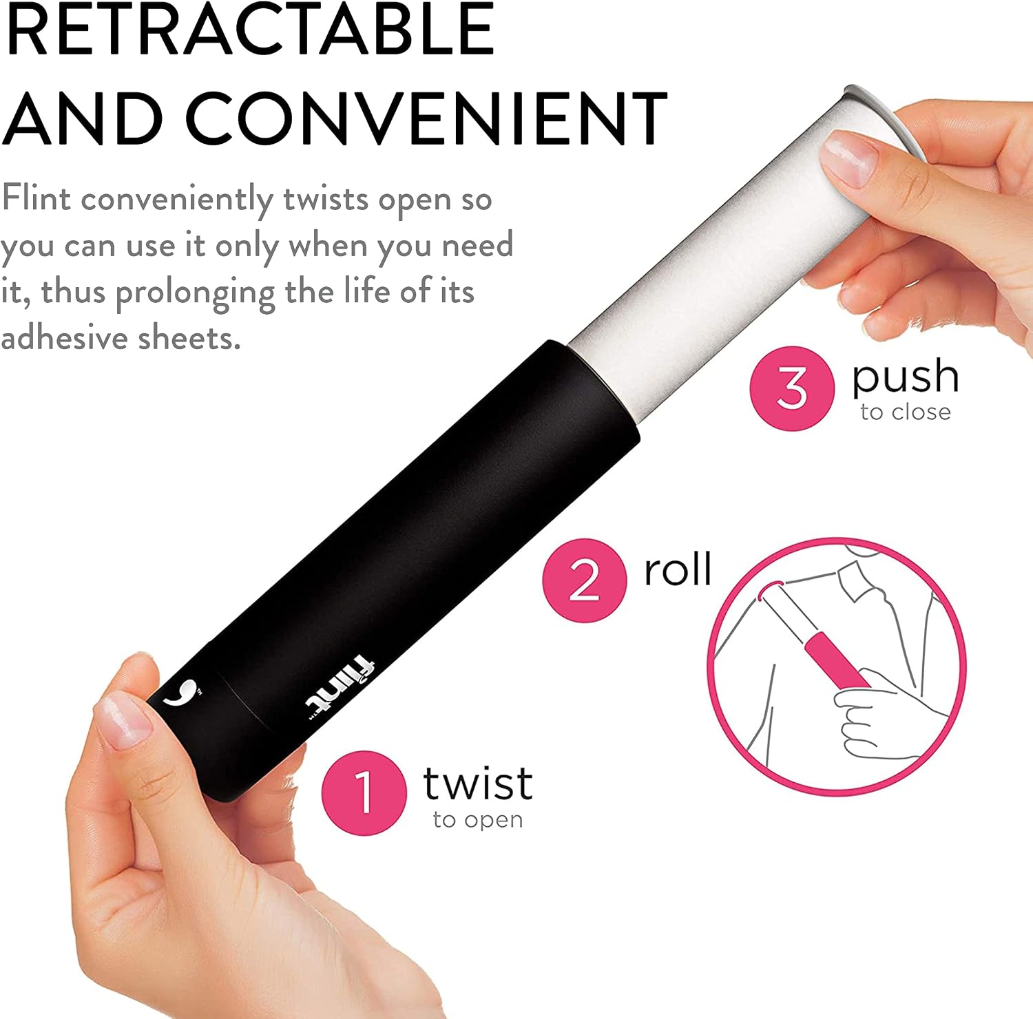 Flint Classic Retractable Lint Roller - Refillable Travel Lint Roller - 90 Sheets (Black)