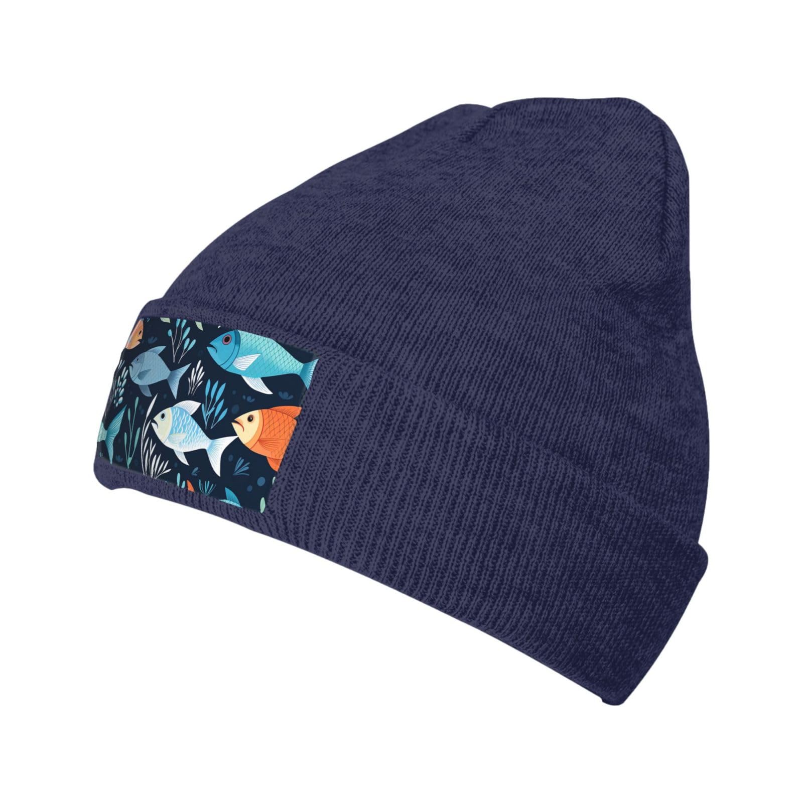 Anceky Unisex Navy Blue Fishes Pattern Beanie Hats For Men Women Slouchy Beanie Hats Winter Knit Cuffed Cap Soft Hat
