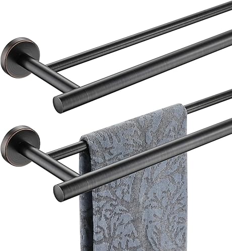 Miniatura 10 de JQK Toallero de baño doble, oro cepillado de 27 pulgadas, acero inoxidable 304 de grosor de 0.031 in para baño, toallero de pared para montaje en