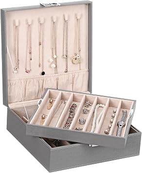 BEWISHOME Jewelry Box Organizer, 2-Layer Necklace Organizer Box, Modern Style Necklace And Bracelet Storage Case, Necklace Case for Women, Girls Mothers Day Grey SSH31H