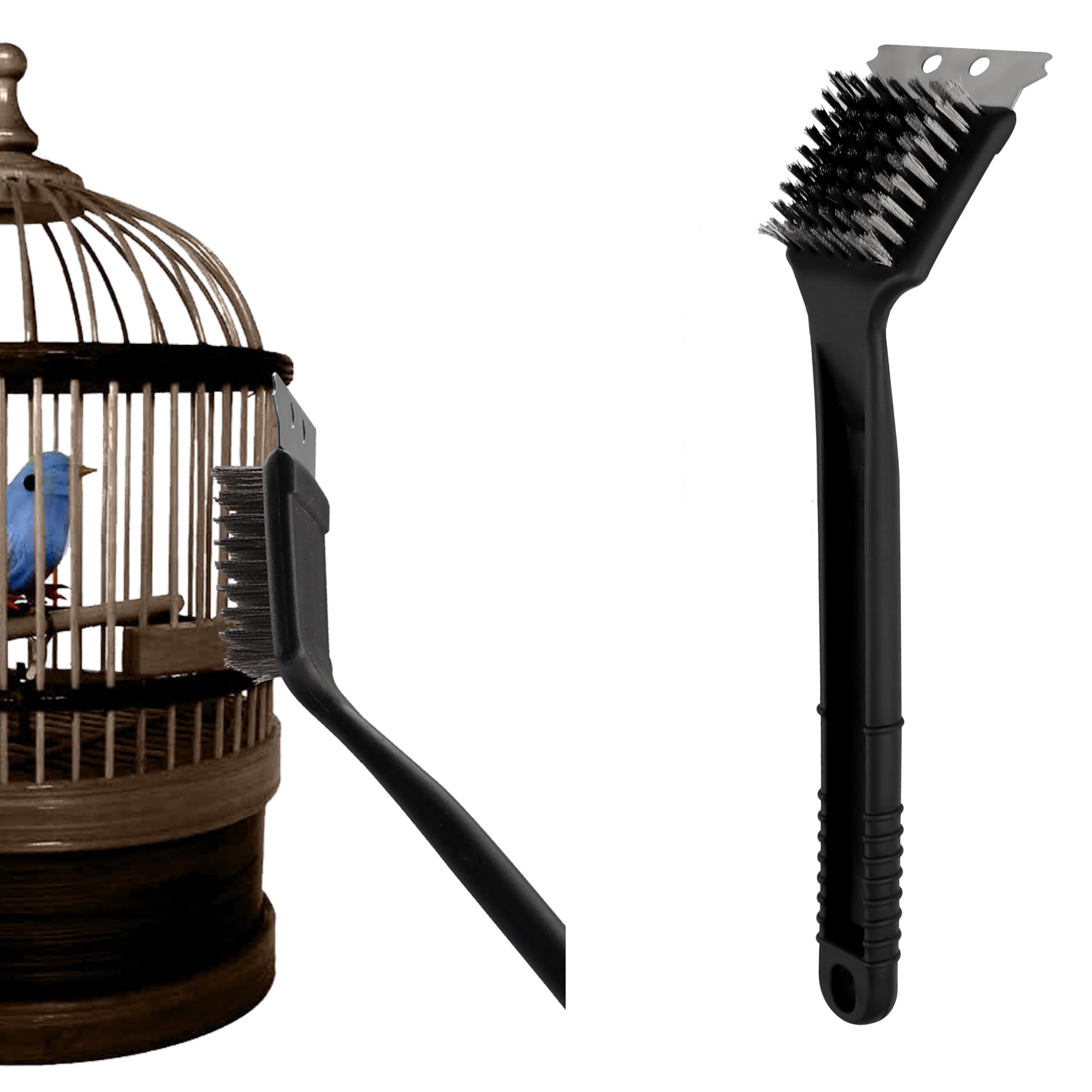 Bird Cage Brush, Stainless Steel Long Handle Bird Droppings Cleaning Brush with Scraper, Bird Cage Cleaner for Cleaning Bird Parrot Pet Cages Kennels Perches Birdcage Accessory