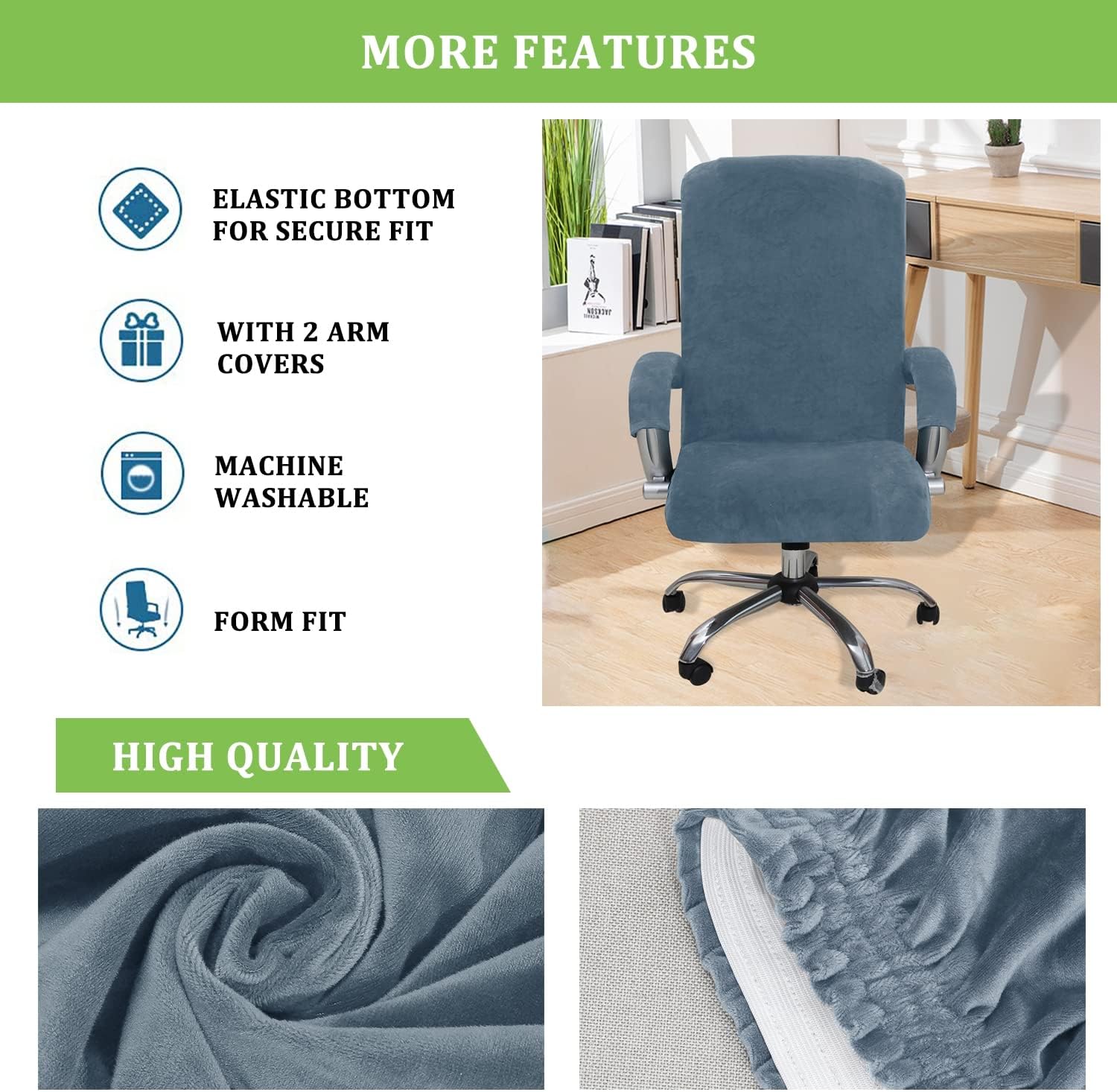 Velvet Office Chair Cover Stretchable, Soft Home Computer Chair Cover with Armrest Covers, Universal High Back Washable Spandex Stretch Desk Chair Cover Slipcover,Beige,Large