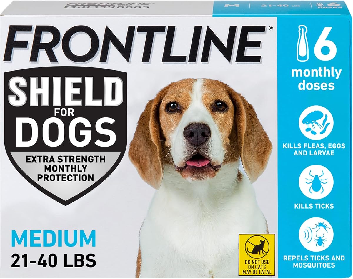 Tratamiento Shield contra pulgas y garrapatas para perros de 21 a 40 lbs. (Azul) Cuenta de 6 | Mata pulgas, garrapatas y piojos masticadores, repele mosquitos, resistente al agua las 24 horas, aplicación mensual