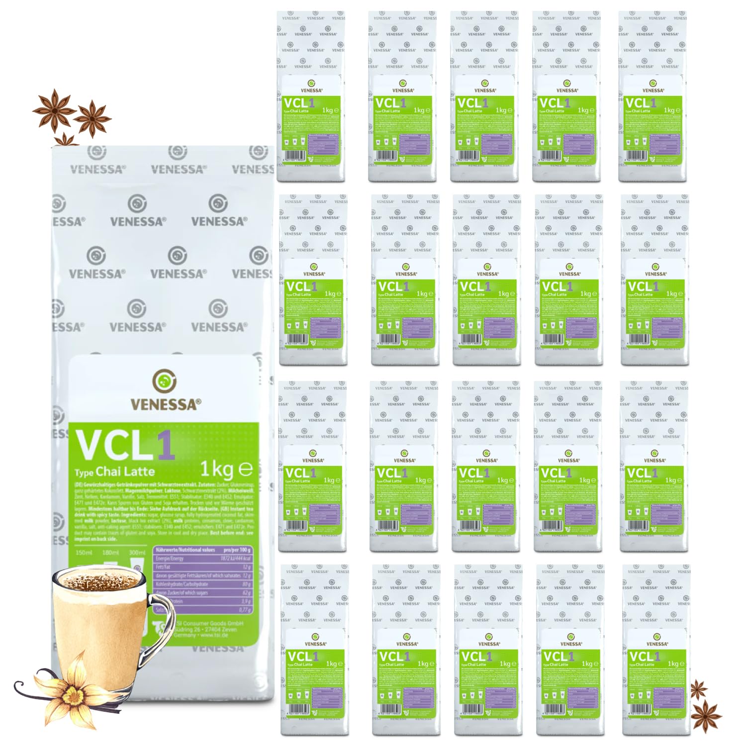 VENESSA VCL1 Chai Latte 20 x 1 kg ekonomiczne opakowanie – wysokiej jakości herbata mleczna w proszku do automatów Vending, wysoka wydajność, rozpuszczalna, w woreczku chroniącym aromat