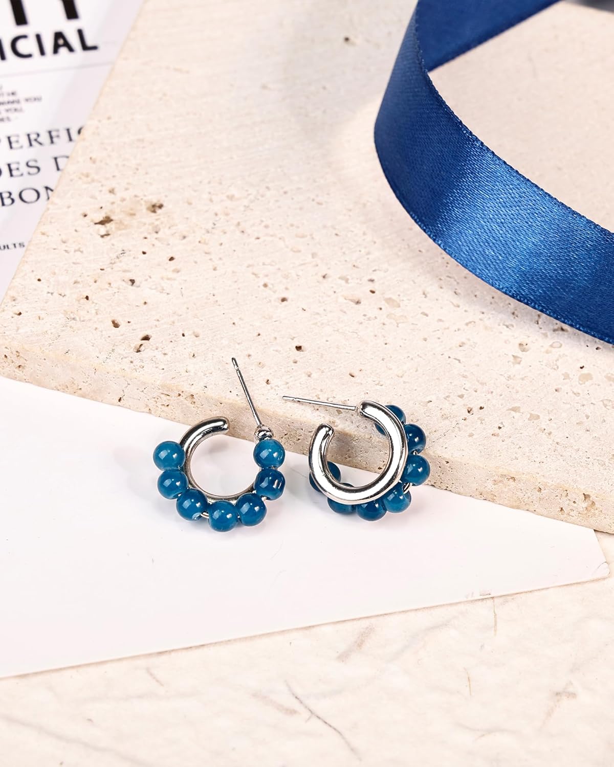 Blue Beaded Double Hoop Earrings, Huggie Hoop Earrings for Women, Boho Silver Earrings with Blue Beads Jewelry Gift - Image 6