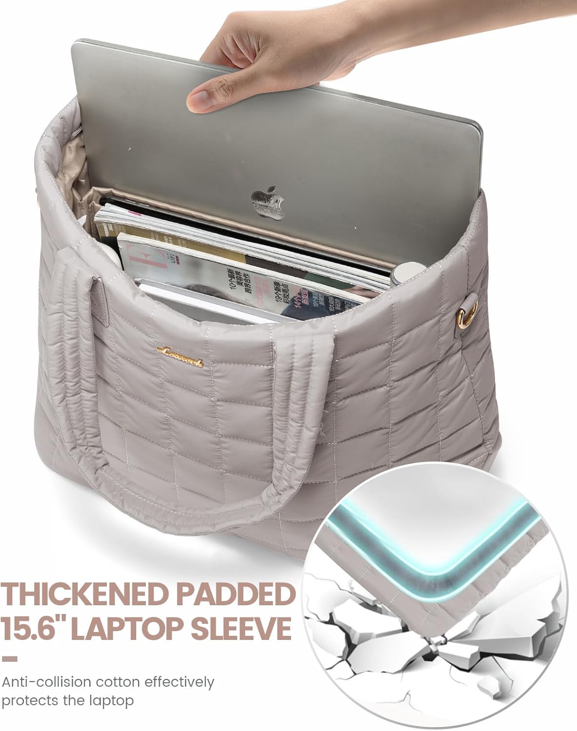 LOVEVOOK Laptop Tote Bag for Women, 17 Inch Large Puffer Work Computer Tote Bags for Teacher Nurse, Quilted Women's Purse Tote Shoulder Handbags with Zipper for Travel College Office Gym, Sandy - Image 6