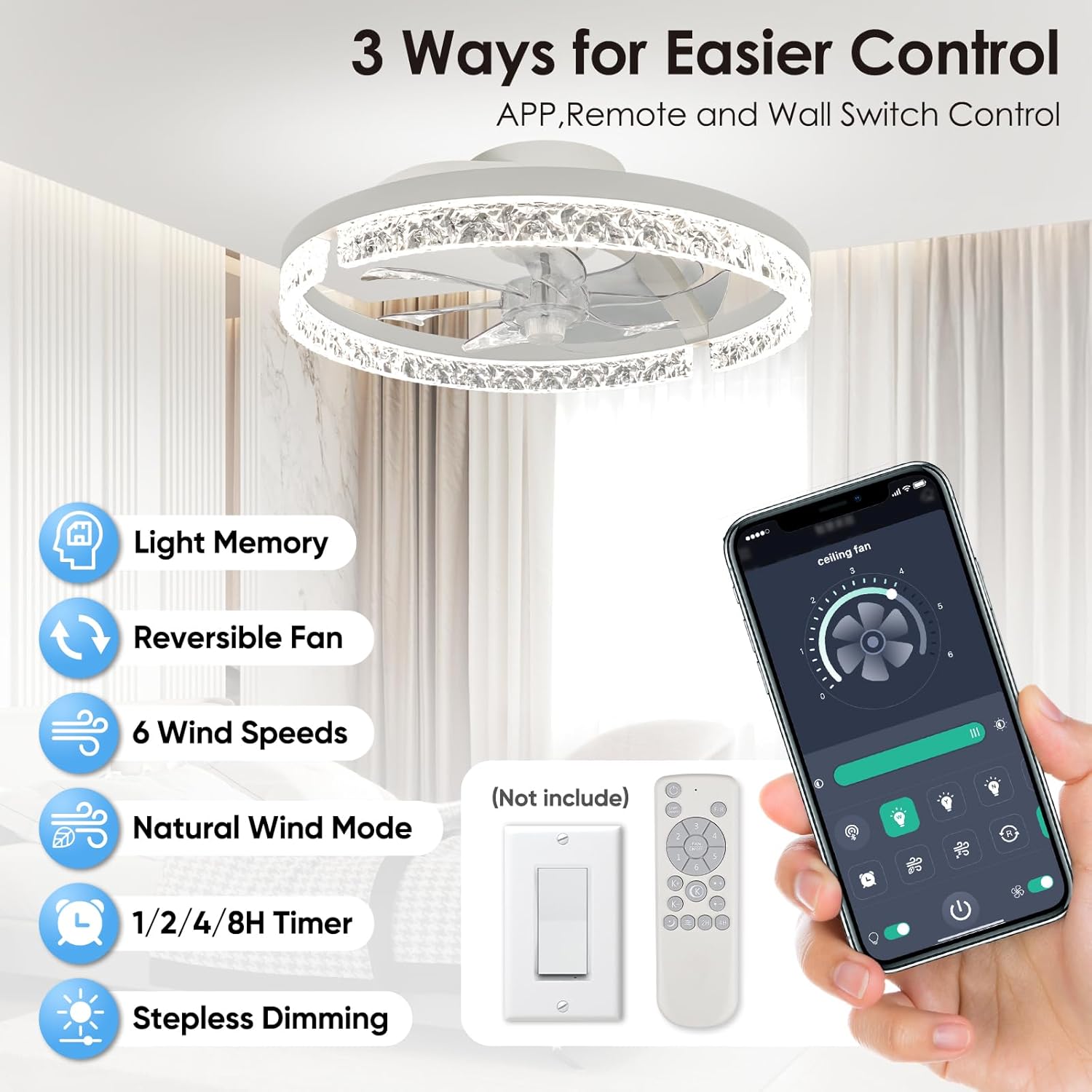 Ceiling Fans with Lights，18" Low Profile Ceiling Fan with APP and Remote Control, 3000-6000K & Brightness Dimmable Fandelier Flush Mount LED Fan Light For bedroom,office Living room- Diamond White