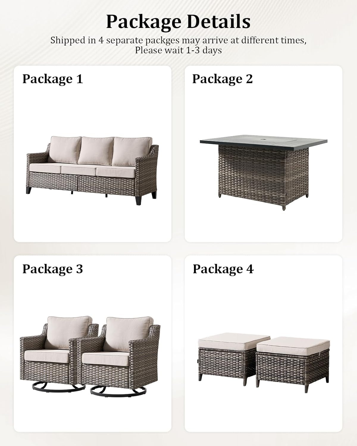 Outdoor Furniture Set of 6, Patio Sofa with Luxury 4" Cushion, Wicker Swivel Rocker Patio Chairs, and Fire Pit Table, High Back&Deep Seat for Garden Deck Porch Balcony Backyard - Beige