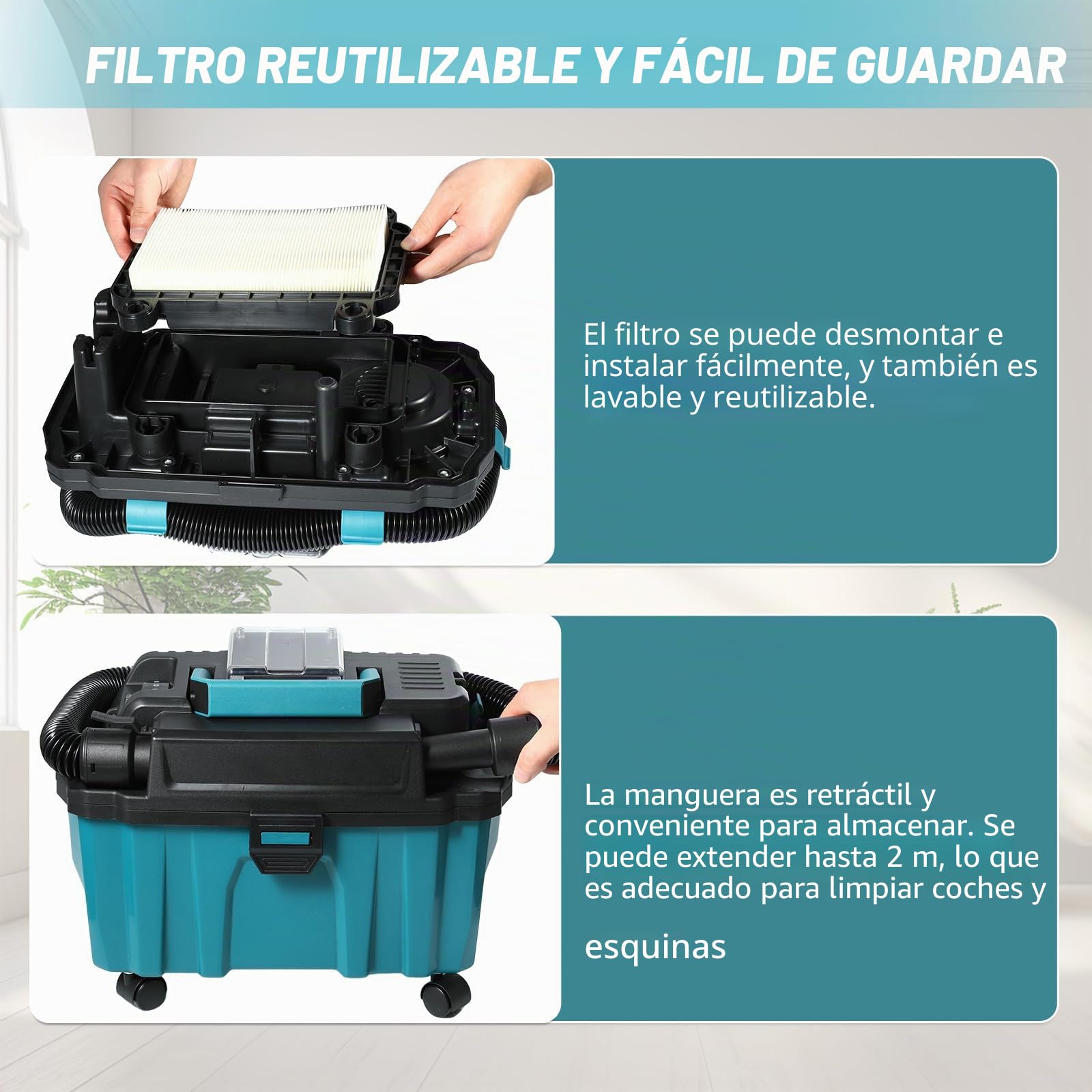 Aspiradora inalámbrica para batería Makita de 18 V, 15 Kpa con filtro HEPA, depósito de 10 litros, manguera de 2 m, boquilla para juntas/cepillos, sin escobillas, para casa coche y taller (no batería)
