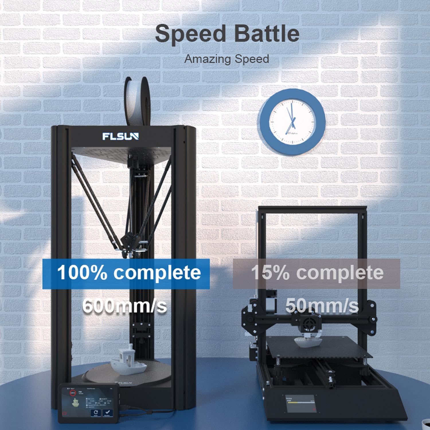 Comparison of FLSUN V400 printing speed at 600mm/s versus a standard 50mm/s printer