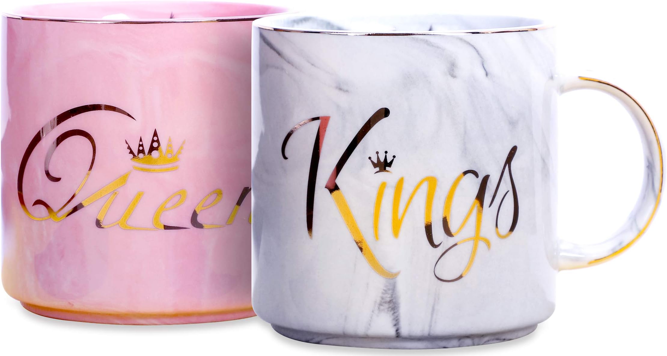 King and Queen Couples Coffee Mugs- Present Idea for Bridal Shower, Wedding, Engagement, Anniversary, Newlyweds, and Couples- Ceramic Marble Cups 13 oz (Black Boxes)