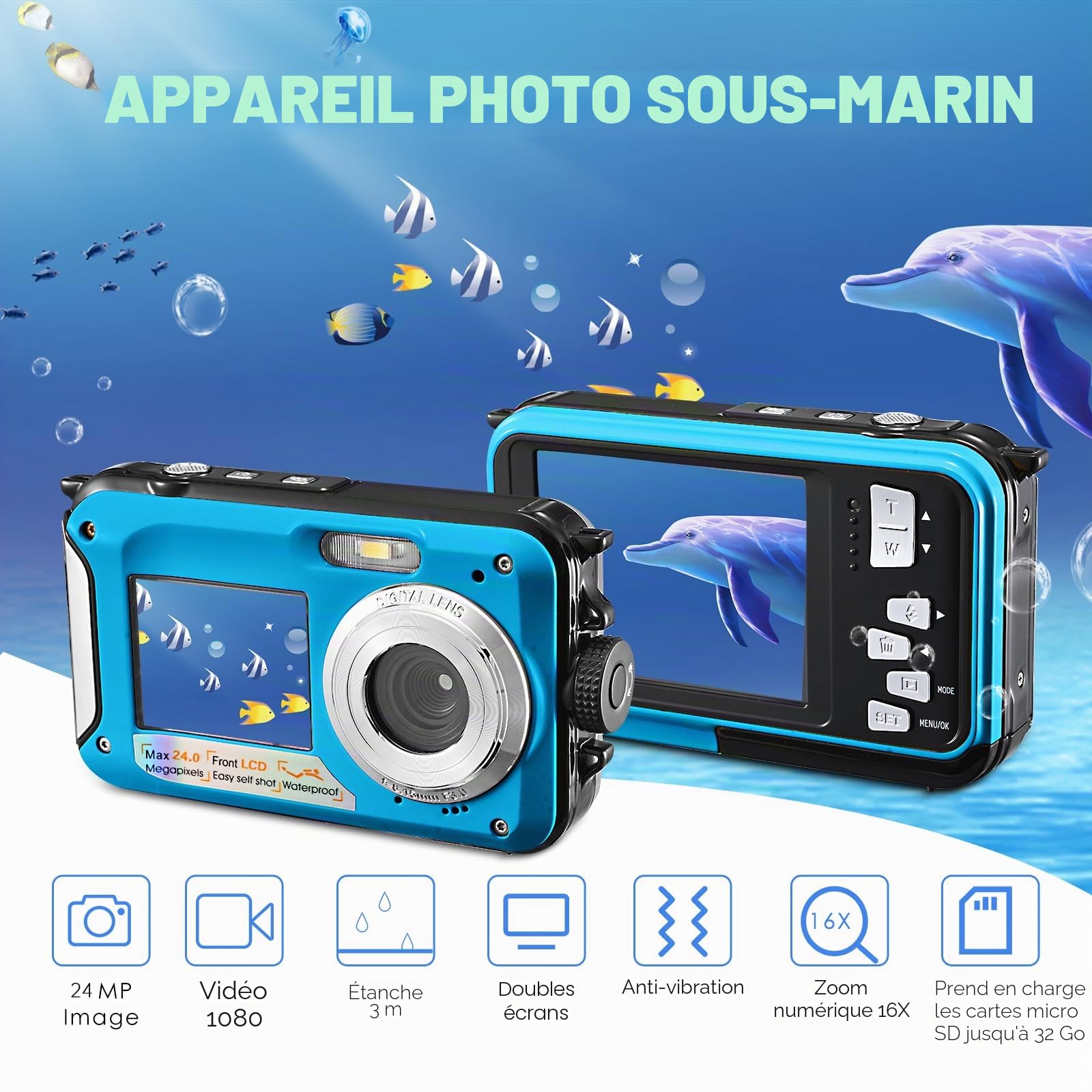 Caméra sous-marine, Full HD 2,7 K 24 MP étanche, appareil photo compact étanche 10 ft, zoom numérique 16x, appareil photo numérique anti-tremblement pour enfants, adolescents, débutants