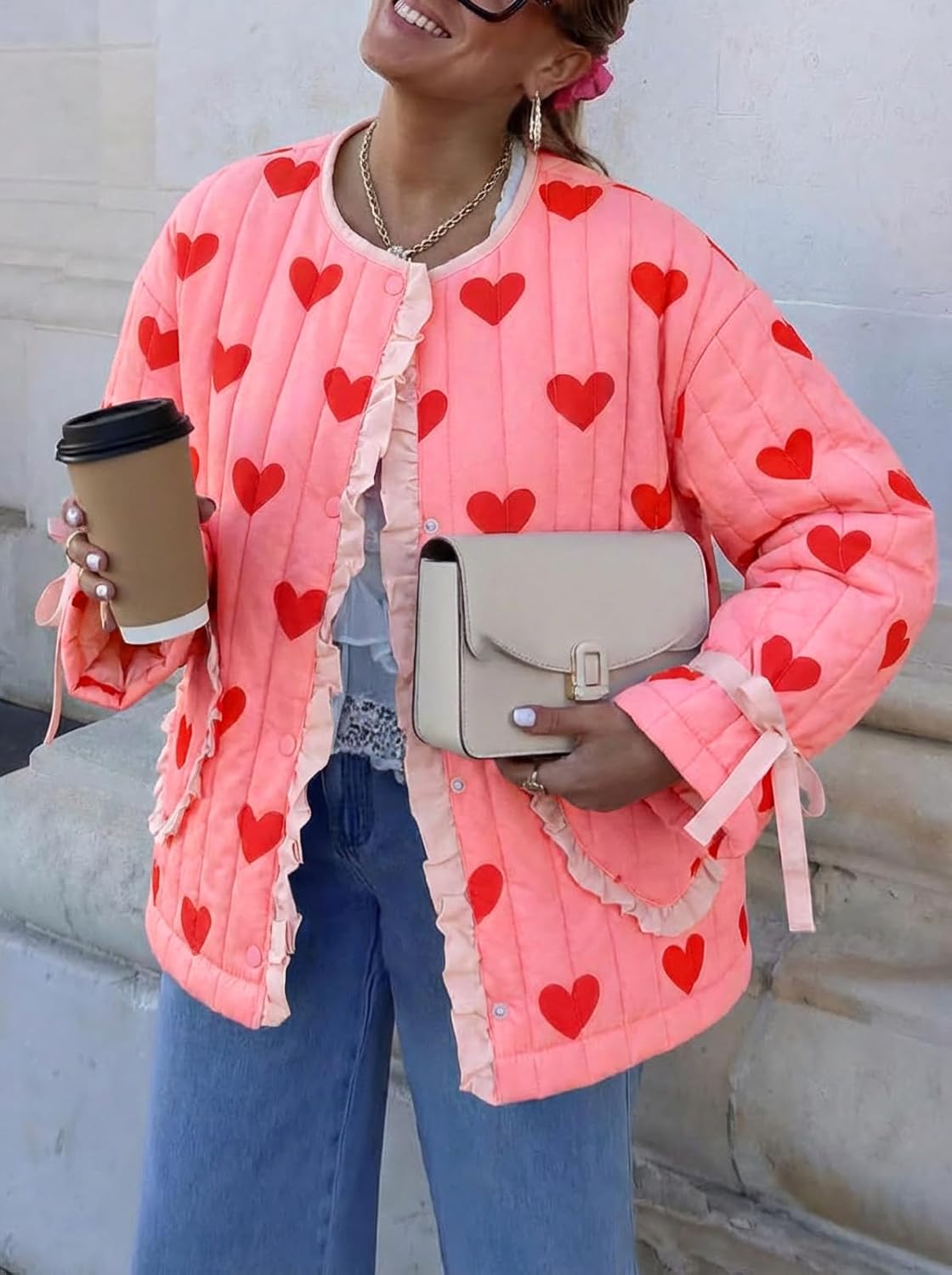 Tankaneo Womens Cropped Puffer Jacket Floral Print Open Front Quilted Jacket Bow Tie Heart Coat Lightweight Outerwear - Image 4