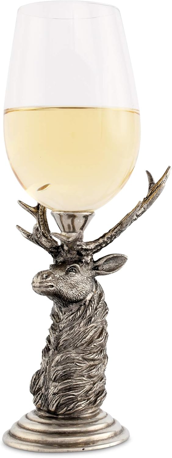 Vagabond House Pewter Elk Head Stem White Wine Glass Artisan Designed Handcrafted for Refined Cabin Lodge Mountain Entertaining Heirloom Quality 9.5 inch Tall 12.25 oz.