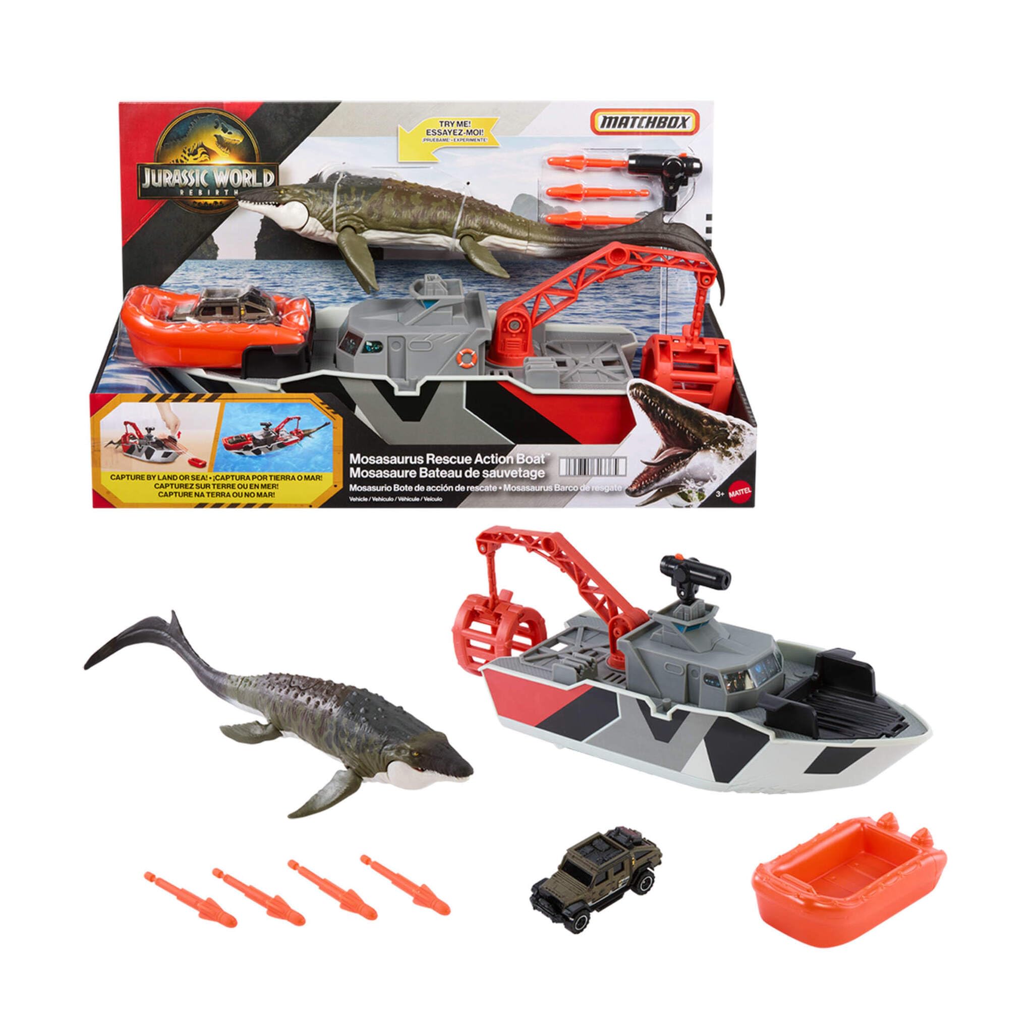 Mattel Jurassic World: El Renacer Matchbox Barco de rescate y mosasaurio, Conjunto de juego, barco de rescate dinosaurio, Jeep metálico, misiles arpón y bote de rescate desmontable, JGG61
