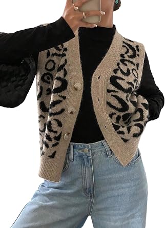 GORGLITTER Women's Knitted Vest Sleeveless Leopard Vest Short Cardigan with Buttons V-Neck Autumn Vest Casual Cardigan Pullover Sweater Vest