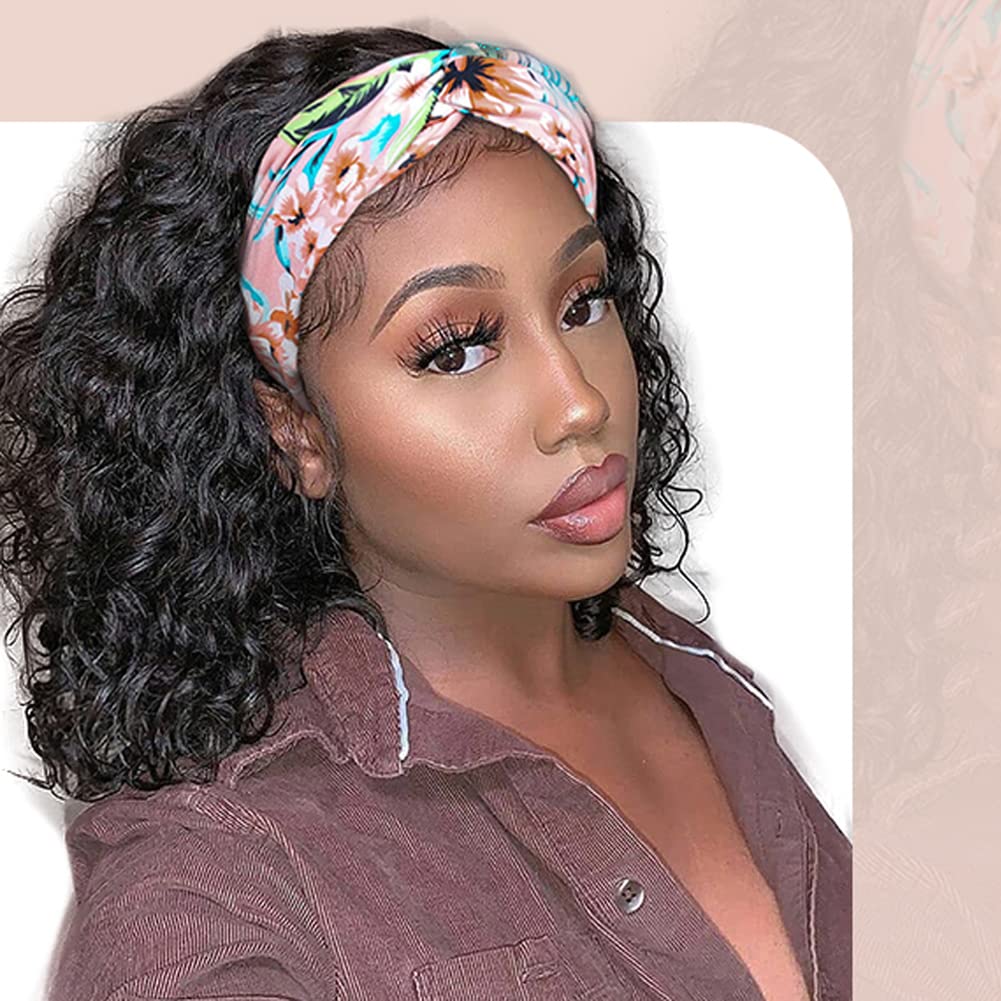 Water Wave Headband Wig Human Hair for Black Women 14 Inch Wet and Wave Headband Wig Brazilian Virgin Hair Glueless None Lace Front Water Wave Wigs Human Hair Natural Black 150% Density