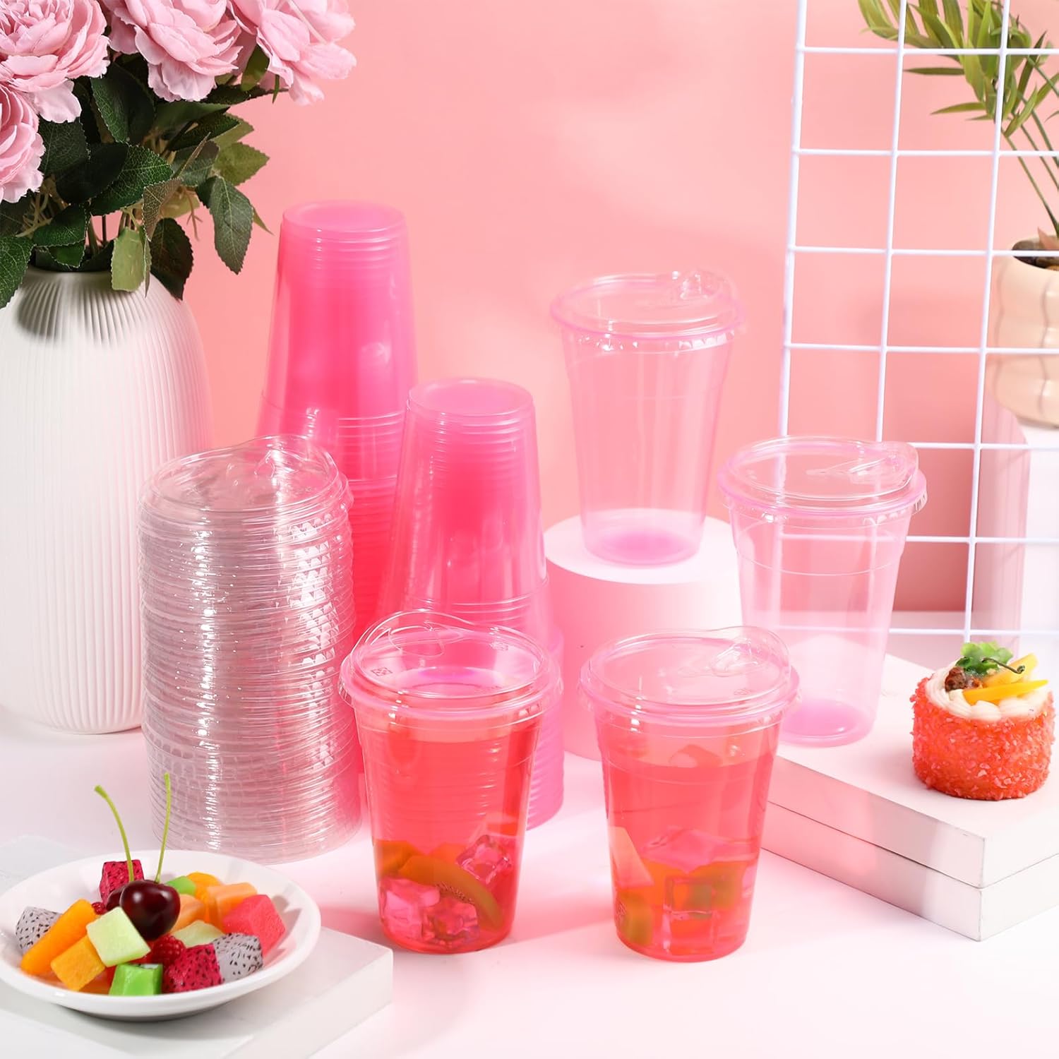 LemonRoad 100 Sets 16 oz Pink Plastic Cups with Strawless Sip Lids Disposable Iced Coffee Drink Cups with Sip Through Lids for Iced Coffee, Cold Drinks, Juice, Wedding Birthday Party Baby Shower - Image 4