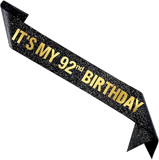 It's My 92nd Birthday Sash for Men Women, Black Glitter Sash with Gold Foil