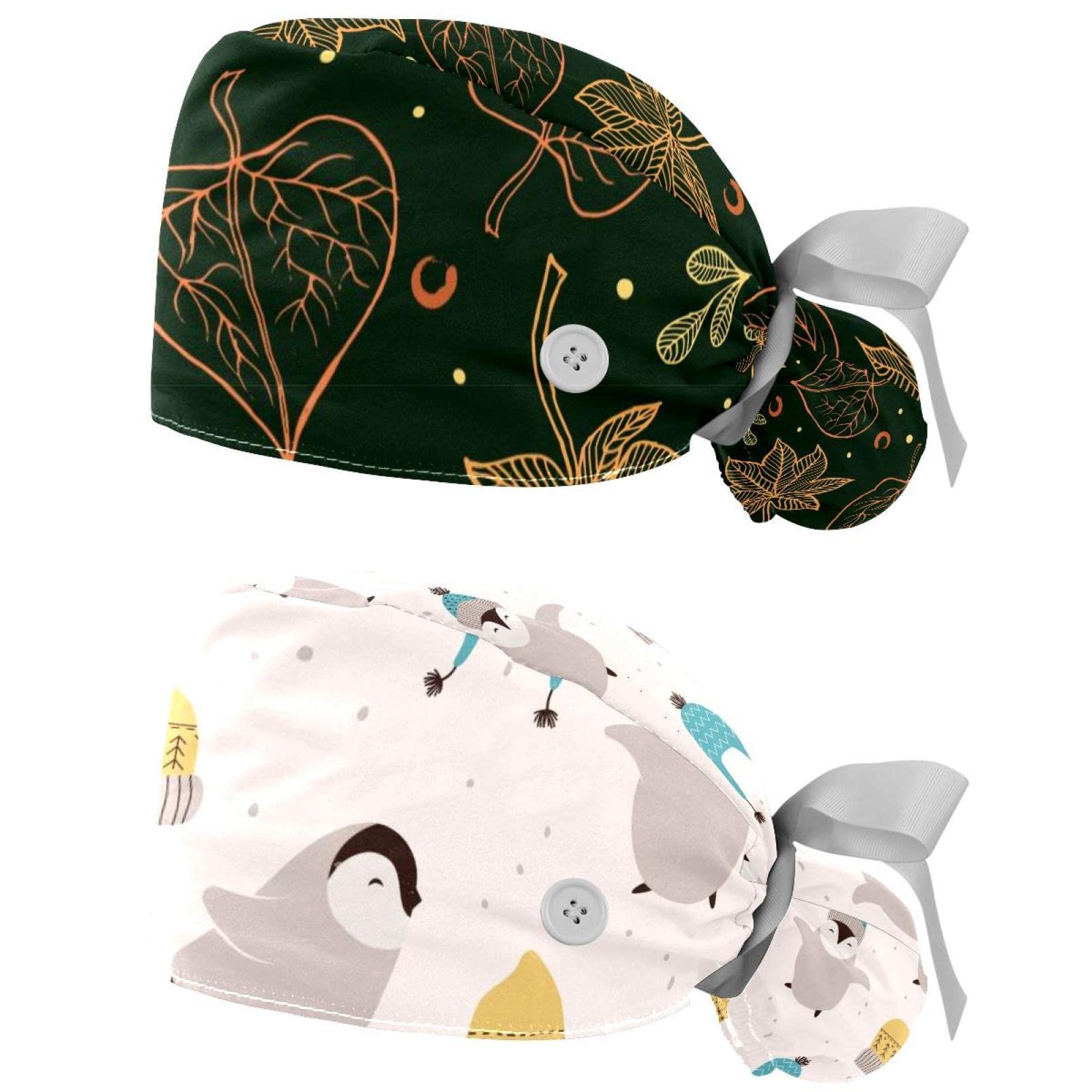 IROLSKDNFH 2 Pcs Women’s Working Caps with Button Autumn Maple Leaves Pattern Dark Green Long Hair Cover Ribbon Lace-Up Hat
